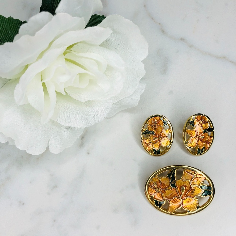 Vintage . Hibiscus Cloisonné Earrings & Brooch Set